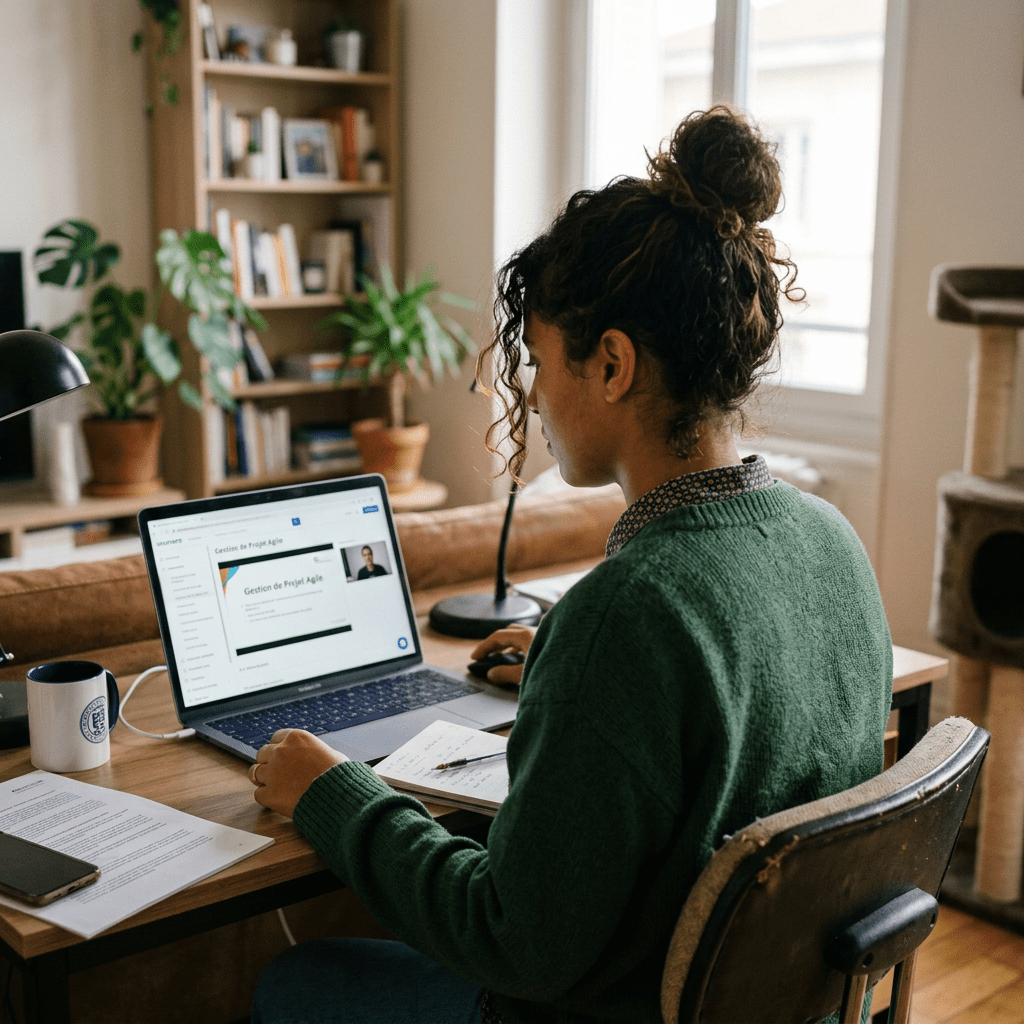 Woman taking notes while watching an online course on a laptop